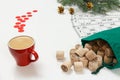 Wooden lotto barrels with bag, game cards with cup of coffee and red chips for a game in lotto Royalty Free Stock Photo