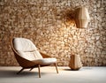 Wooden lounge chair near wild stone cladding wall. Rustic interi