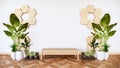 Wooden low table with wooden hexagon tiles on wall and decoration plants.3D rendering