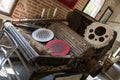 Wooden machinery exhibited in a museum in Rasiglia for textile processing. Royalty Free Stock Photo