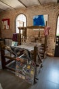 Wooden machinery exhibited in a museum in Rasiglia for textile processing. Royalty Free Stock Photo