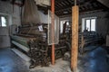 Wooden machinery exhibited in a museum in Rasiglia for textile processing. Royalty Free Stock Photo