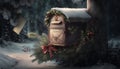 Wooden mailbox with christmas decorations in winter forest. 3D rendering