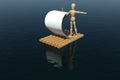 The wooden man floats on a raft with a white sail