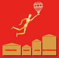 The wooden man flying over problems, grief, pain, depression with airship on red Royalty Free Stock Photo