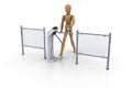 Wooden man in front of an open white turnstile Royalty Free Stock Photo