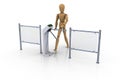 Wooden man in front of an open white turnstile