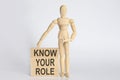 Wooden man shows with a hand text KNOW YOUR ROLE concept on the wooden block Royalty Free Stock Photo