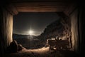 Wooden manger and star of bethlehem in cave nativity, abstract, religion