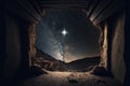 Wooden manger and star of bethlehem in cave nativity, abstract, religion