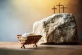 Wooden Manger, Three Crosses Background. Jesus - Reason For Season. Christian Christmas, Easter Concept. Born To Die