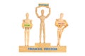 Wooden manikins human model standing and holding wooden block with text investment, saving and salary on medal podium isolated on Royalty Free Stock Photo