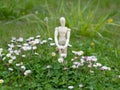 Wooden mannequin between flowers on springtime Ecology and garden concept Royalty Free Stock Photo