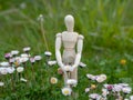 Wooden mannequin between flowers on springtime Ecology and garden concept Royalty Free Stock Photo