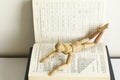 Wooden mannequin manikin lie down on open book and learning with pleasure. Royalty Free Stock Photo