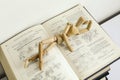 Wooden mannequin manikin lie down and rest on an open book. Royalty Free Stock Photo