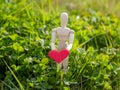 Wooden mannequin with a red heart on his hands in the grass. Concept of romanticism and love Royalty Free Stock Photo