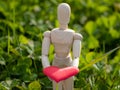 Wooden mannequin with a red heart on his hands in the grass. Concept of romanticism and love Royalty Free Stock Photo