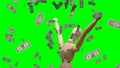 Wooden mannequin rotating exulting hands up under rain of dollar money green screen footage