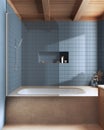 Wooden and marble japandi bathroom in blue and beige tones. Bathtub with tiles. Farmhouse minimalist interior design