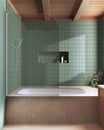 Wooden and marble japandi bathroom in green and beige tones. Bathtub with tiles. Farmhouse minimalist interior design