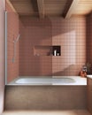 Wooden and marble japandi bathroom in orange and beige tones. Bathtub with tiles. Farmhouse minimalist interior design