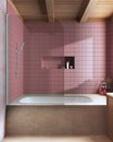 Wooden and marble japandi bathroom in red and beige tones. Bathtub with tiles. Farmhouse minimalist interior design