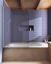 Wooden and marble japandi bathroom in violet and beige tones. Bathtub with tiles. Farmhouse minimalist interior design