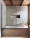 Wooden and marble japandi bathroom in white and beige tones. Bathtub with tiles. Farmhouse minimalist interior design