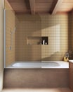 Wooden and marble japandi bathroom in yellow and beige tones. Bathtub with tiles. Farmhouse minimalist interior design Royalty Free Stock Photo