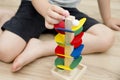 Wooden marble race tower. Children toy for happy fun play. Royalty Free Stock Photo