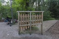 Wooden Marimba percussion musical instrument at children`s playground. Gorod Ptits Birds City, Meshersky park in a pine forest.