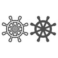 Wooden marine wheel line and solid icon, nautical concept, ship helm sign on white background, Shipboard steering wheel