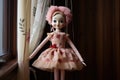 wooden marionette with painted face, dressed in a ballerina tutu