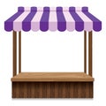 Wooden market stall with purple and pink awning.