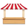 Wooden market stall with red awning on white background