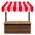 Wooden market stall with red and pink awning on white background.