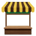 Wooden market stall yellow and brown awning with green board on white background.