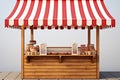 Wooden market stand featuring a classic red and white striped awning