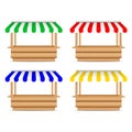 Wooden market stand stall with different sunshade. Mock up of wooden counter with canopy for street trading, wooden