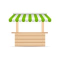 Wooden market stand stall with green and white sunshade. Mock up of wooden counter with canopy for street trading