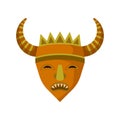 Wooden mask with sharp teeth and big horns. Ethnic symbol of voodoo people. Flat vector for promo flyer of tourist