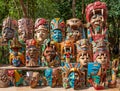 Wooden masks art and craft, Chichen Itza market, Mexico Royalty Free Stock Photo