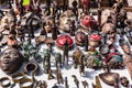 Wooden masks and figures of African culture at the flea market i