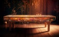 wooden massage table illuminated by the morning rays of the sun, an oriental space full of flowers and the smell of Royalty Free Stock Photo