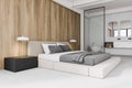 Wooden master bedroom and bathroom interior Royalty Free Stock Photo