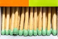 Wooden matches with a green sulfur head, lie in a box, macro abstraction subject