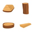 Wooden material icons set cartoon . Natural lumber carpentry material