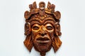 Wooden Mayan Mask Isolated, Carved Mexican Tribe Mask, Wooden Masks of Maya on White