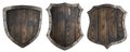 Wooden medieval heraldic shields set isolated 3d illustration